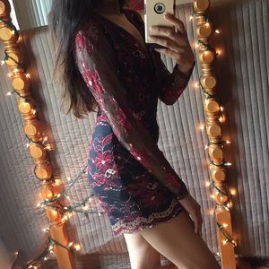 Long sleeve sleeve black, red, & gold lace romper